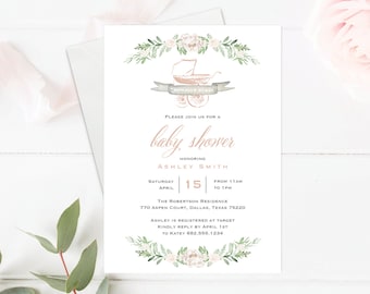 Bonjour Baby Shower Invitation Template. Shower Invite to Download Customize with Templett. Peach Floral Greenery Baby Bassinet Invitation