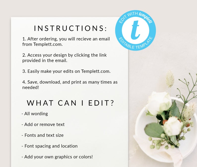 Op de afbeelding: Instructies voor het bewerken van een digitale sjabloon met een witte achtergrond en zwarte tekst. De tekst bevat de woorden "INSTRUCTIONS", "WHAT CAN I EDIT?" en een lijst met bewerkbare functies. Een blauwe cirkel met de letter "t" in wit bevindt zich in de rechterbovenhoek. De cirkel heeft de tekst "EDIT WITH templet EDITABLE TEMPLATE".