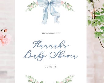 Dusty Blue Bow Baby Shower Welcome Sign, Boy Baby Shower Floral Decor, Laurel and Blue Bow Welcome Sign, Customize with Templett