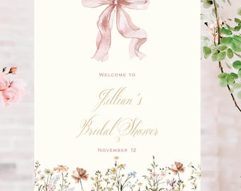 Pink Bow Baby Shower Welcome Sign, Girl Baby Shower Floral Decor, Elegant Welcome Sign, Baby Girl Shower Sign, Customize with Templett