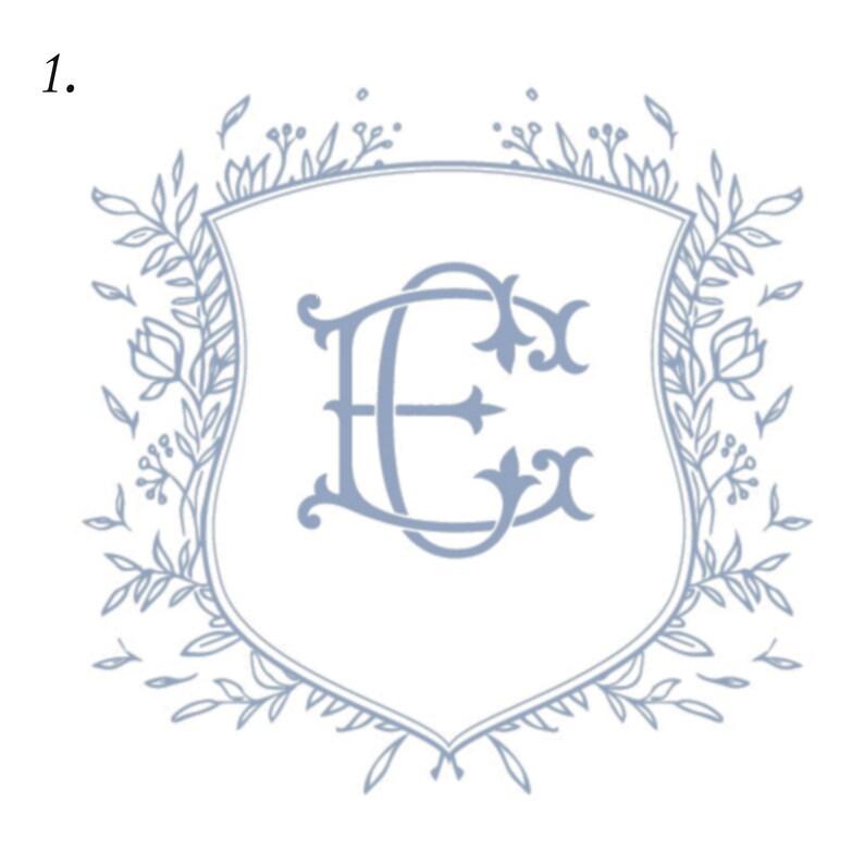 Pode incluir: Um monograma azul claro com as letras "E" e "C" entrela&ccedil;adas, rodeado por uma coroa de folhas e flores estilizadas.