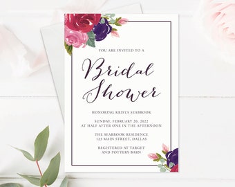 Florale Brautparty Einladungsvorlage. Rosa Lila Rote Blume Hochzeitsdusche Einladung zum Herunterladen und Anpassen mit Templett