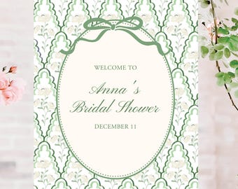 Preppy Floral and Greenery Bridal Shower Welcome Sign, Green Bow Design, Instant Digital Download, Customize with Templett size 18x24 sign