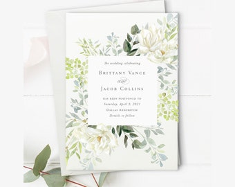 Wedding Change Announcement Card Template Download. Custom Wording Single-Sided with Templett. Change of Date Card. Wedding Postponed