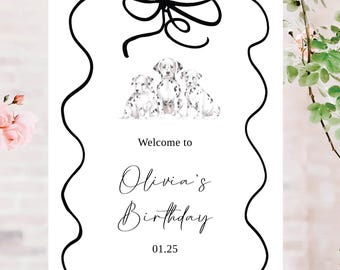 Dalmatian Birthday Welcome Sign, Instant Download, 101 Dalmatians Bow Frame Party Decor, Dog Theme Birthday Party, Customize with Templett