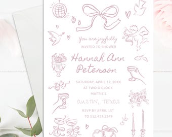 Charming Hand Drawn Illustrations Bridal Shower Invitation for Instant Download with Templett. Whimsical Hand Sketches. Any Event . Size 5x7