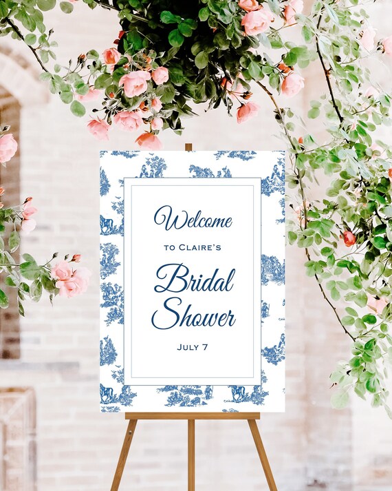 Welcome Sign Blue and White Southern Toile Ginger Jar Bridal Shower Template. Wedding Shower Download, Customize with Templett. Size 24x36 Il_570xn