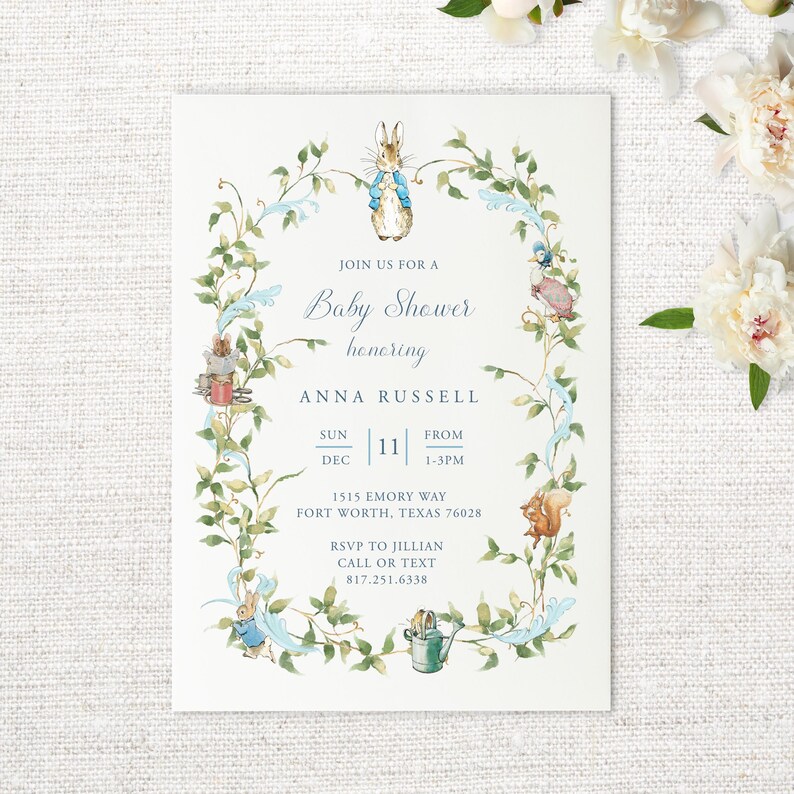May include: A blue and green baby shower invitation with a watercolor illustration of Peter Rabbit and other woodland creatures. The invitation reads "Join us for a Baby Shower honoring Anna Russell" and includes the date, time, and location of the event. RSVP information is also included.