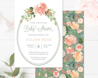 Framed Green Floral Baby Shower Invite Template. Baby Shower Invitation Download, Customize with Templett. Peach and Pink Peony Invitation