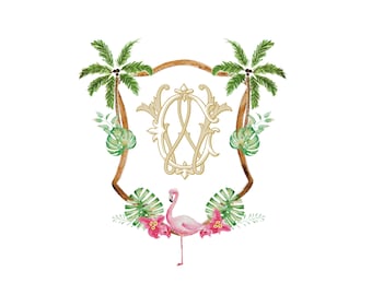 Tropical Monogram Crest with Antique Monogram. Beach Wedding Crest Design. Palm Leaf and Flamingo Illustrated Crest Design for Weddings