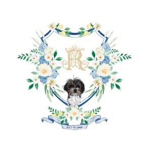 Custom Monogram Crest Design. Antique Monogram Wedding Crest with Pet Portrait. Illustrated Floral Crest with Ribbon. Floral Monogram Crest