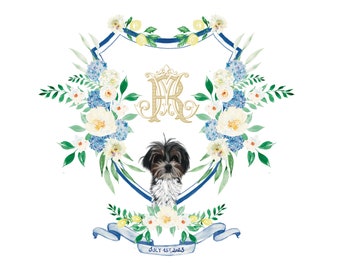 Custom Monogram Crest Design. Antique Monogram Wedding Crest with Pet Portrait. Illustrated Floral Crest with Ribbon. Floral Monogram Crest