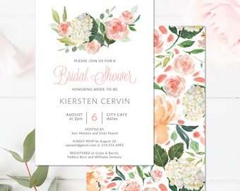 Peach Floral Bridal Shower Invitation Template. Hydrangea and Peony Flower Wedding Shower Invite to Download and Customize with Templett