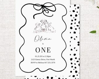 Dalmatian Birthday Party Invitation for Instant Download with Templett. Puppy Dog First Birthday Invitation with Dalmatian Pattern Back. 5x7