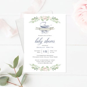 Bonjour Baby Shower Invitation Template. Shower Invite to Download Customize with Templett. Blue Floral Greenery Bassinet Invitation image 1