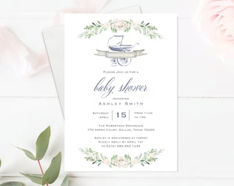 Bonjour Baby Shower Invitation Template. Shower Invite to Download Customize with Templett. Blue Floral Greenery Bassinet Invitation