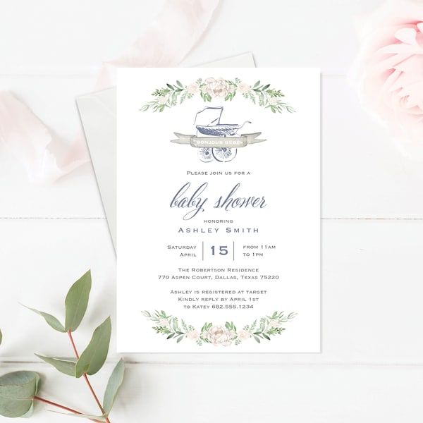 Bonjour Baby Shower Invitation Template. Shower Invite to Download Customize with Templett. Blue Floral Greenery Bassinet Invitation