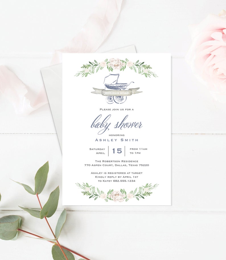 Bonjour Baby Shower Invitation Template. Shower Invite to Download Customize with Templett. Blue Floral Greenery Bassinet Invitation image 1