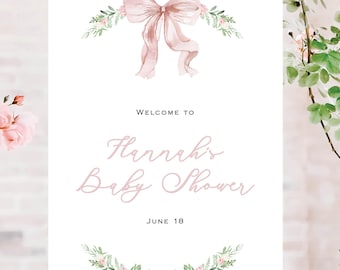 Pink Bow Laurel Baby Shower Welcome Sign, Sweet Girl Shower Decor, Elegant Pink Baby Shower Sign, Instant Download & Customize with Templett