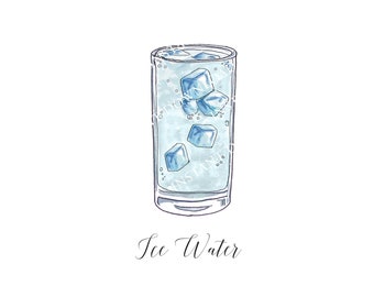 Ice Water Watercolor Illustration in JPG and PNG. Wedding Bar Sign Non-Alcoholic Cocktail Drawing. Glass with Ice Water Instant Download.