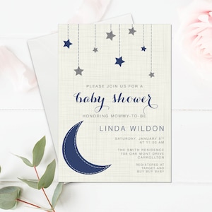 Twinkle Little Star Baby Shower Invite Template. Moon and Stars Blue, Navy, Grey Baby Shower Invitation. Download Customize with Templett