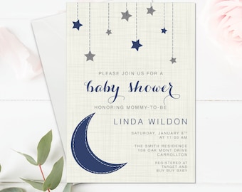 Twinkle Little Star Baby Shower Invite Template. Moon and Stars Blue, Navy, Grey Baby Shower Invitation. Download Customize with Templett