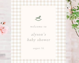 Neutral Gingham Rocking Horse Baby Shower Welcome Sign, Soft Beige Classy, Custom Shower, Instant Digital Download, Customize with Templett