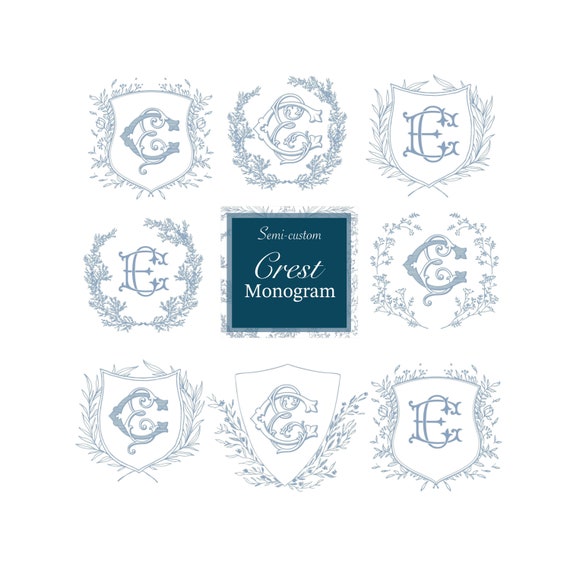 Sketched Monogram Crests, Wedding Crest Monograms, Digital Crest Design, Toile de Jouy Botanical Crests, Antique Monogram Crest,Wreath Crest