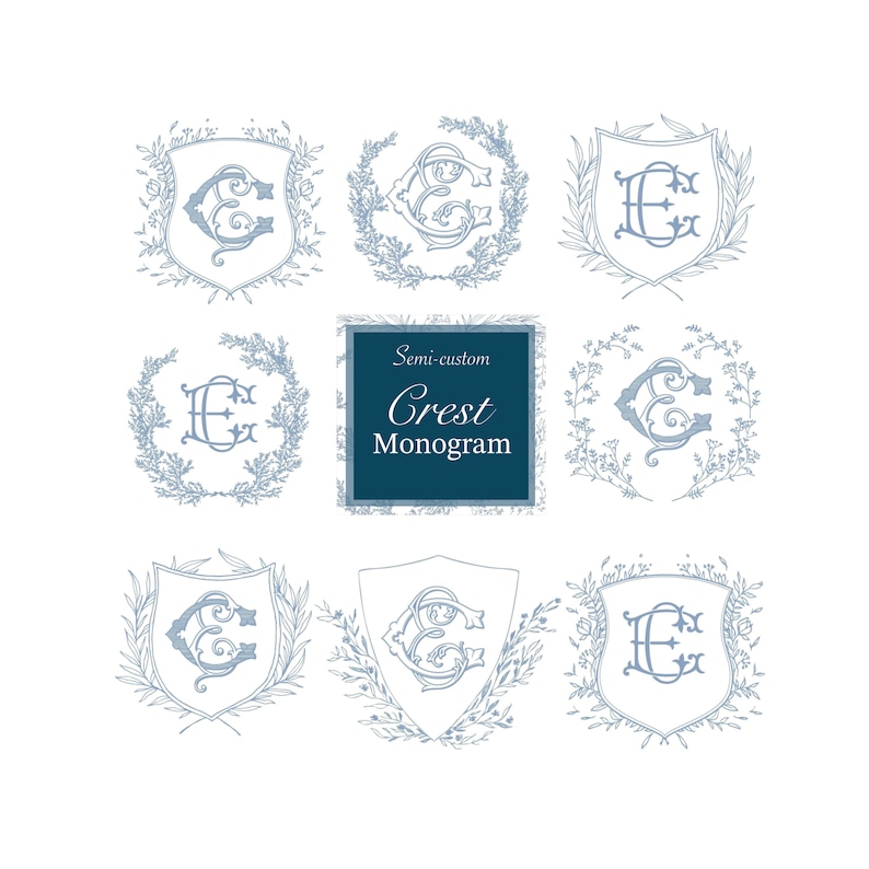 Pode incluir: Nove designs diferentes de um monograma de crista semi-personalizado com a letra E em uma variedade de estilos. Os monogramas s&atilde;o cercados por coroas de folhas e flores.