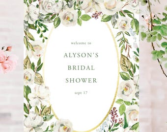 Antique Floral Bridal Shower Welcome Sign, Watercolor Rose Bridal Sign, Spring Flowers, Instant Download and Customize with Template