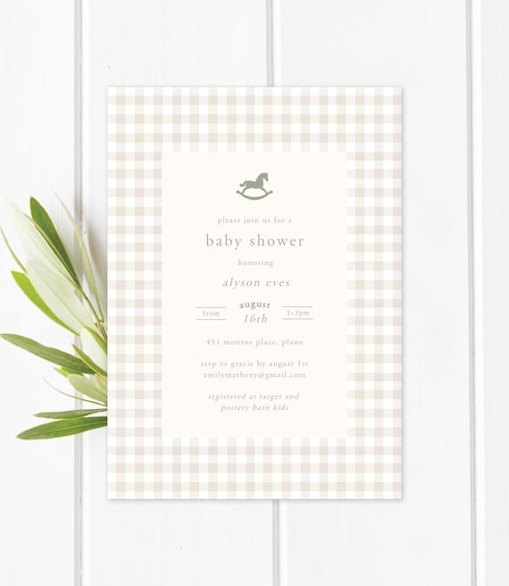 Neutral Gingham Rocking Horse Baby Shower Invite. Custom Wording. Instant Download and Customize with Template. Sage Green Beige Invite