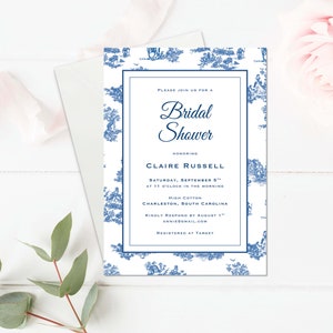 Blue and White Southern Toile Ginger Jar Bridal Shower Invite Templates. Wedding Shower Download and Customize with Templett.Custom Wording