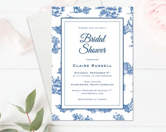 Blue and White Southern Toile Ginger Jar Bridal Shower Invite Templates. Wedding Shower Download and Customize with Templett.Custom Wording