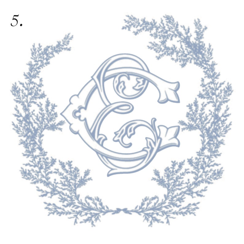 Pode incluir: Um monograma azul e branco com a letra "C" em uma fonte decorativa, cercado por uma coroa de galhos frondosos azuis.