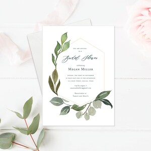 Greenery Geometric Bridal Shower Invitation Template. Custom Wording. Garden Party Shower. Instant Download and Customize with Templett image 1