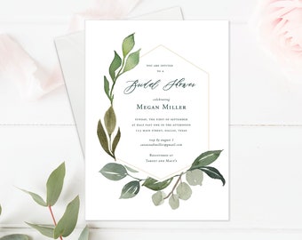 Greenery Geometric Bridal Shower Invitation Template. Custom Wording. Garden Party Shower. Instant Download and Customize with Templett