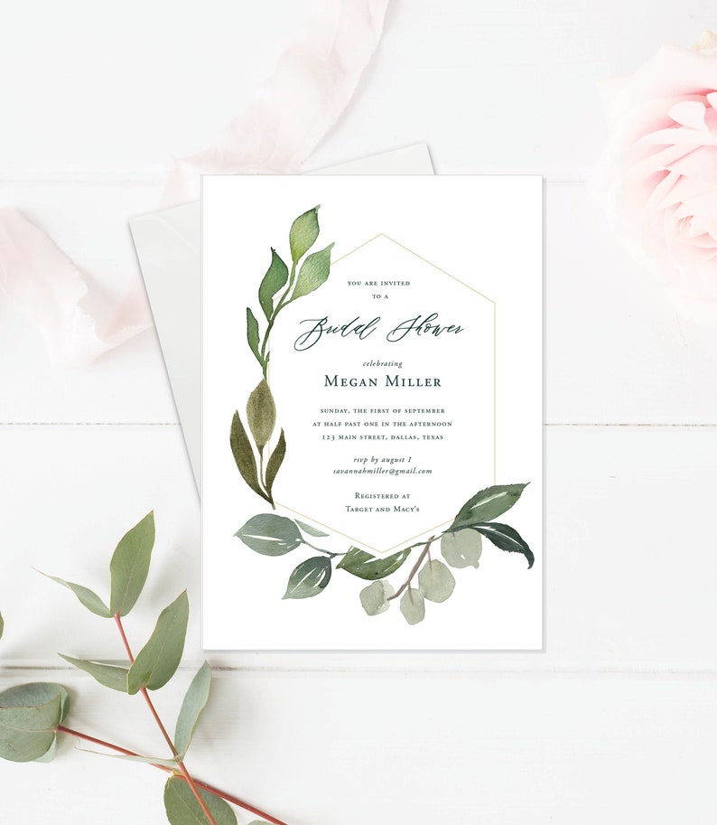 Greenery Geometric Bridal Shower Invitation Template. Custom Wording. Garden Party Shower. Instant Download and Customize with Templett image 1