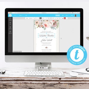 May include: A computer screen displays a wedding invitation template. The invitation features floral accents in soft pinks and greens. Text includes names and event details. A blue circle with the text "EDIT WITH templette" is in the lower right corner.