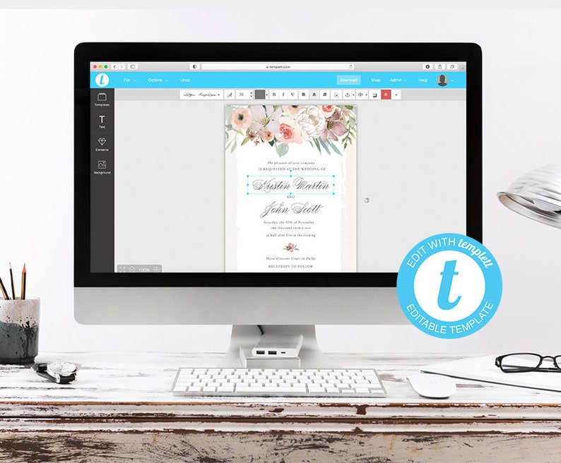 May include: A computer screen displays a wedding invitation template. The invitation features floral accents in soft pinks and greens. Text includes names and event details. A blue circle with the text "EDIT WITH templette" is in the lower right corner.