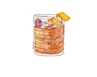 Imagem de coquetel aquarela de bourbon à moda antiga para download digital. JPG, PNG para design de placa de bar de casamento, sinalização de eventos ou artesanato. Guarnições