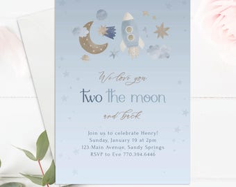 Two the Moon Birthday Invitation, Space Themed 2nd Birthday Party, Moon and Rocket Welcome Sign, Outer Space Invite, Customize with Templett