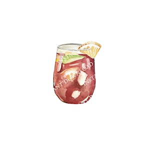 Red Sangria Watercolor Cocktail Image Digital Download. JPG, PNG for Wedding Bar Sign Design, Event Signage, Crafts. Instant Download Drink