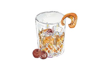 Ouderwetse cocktailafbeelding digitale download. JPG, PNG voor bordontwerp trouwbalk, bewegwijzering evenement of handwerk. Aquarel cocktailgarnituren