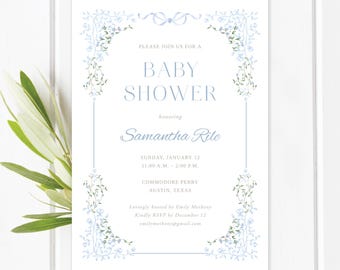 Sweet Blue Framed Florals Boy Baby Shower. Custom Wording. Instant Download and Customize with Template. Blue Bow and Flowers Invite