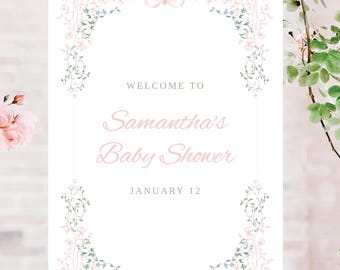 Sweet Pink Framed Floral Girl Baby Shower Welcome Sign, Minimalist Floral Baby Shower Decor, Digital Download, Customize with Templett