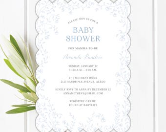 Scalloped Blue Framed Floral Baby Shower Girl Invite. Custom Wording. Instant Download and Customize with Templett Blue Flowers Invitation