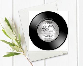 50. Geburtstag Disco Schallplatten Einladung Vorlage. Geburtstags-Einladung zum Downloaden mit Templett anpassen. Disco-Themen Schallplatte Geburtstagseinladung