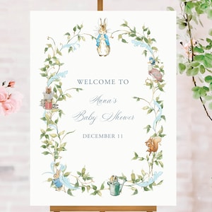 Cartello di benvenuto per baby shower di Peter Rabbit, poster modificabile con coniglietto blu, decorazioni per feste, coniglietto vintage con download immediato e formato Templett 18x24