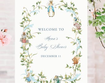 Peter Rabbit Baby Shower Welcome Sign, Editable Blue Bunny Poster Party Decorations, Vintage Bunny Instant Download with Templett Size 18x24