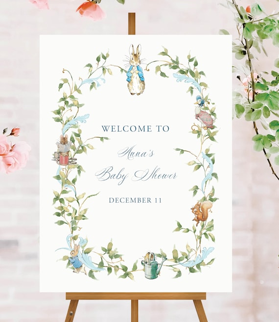 Peter Rabbit Baby Shower Welcome Sign, Editable Blue Bunny Poster Party Decorations, Vintage Bunny Instant Download with Templett Size 18x24